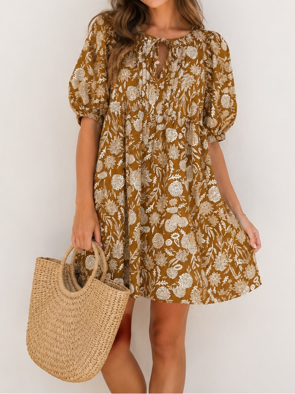 Floral Tie-Neck Mini Dress in Mustard and White